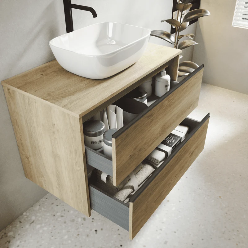 Mueble de Baño Suspendido con Lavabo Sobreponer Cerámico modelo Veloz|Mueble Volado 2 Cajones Con Tirador | Roble Natural