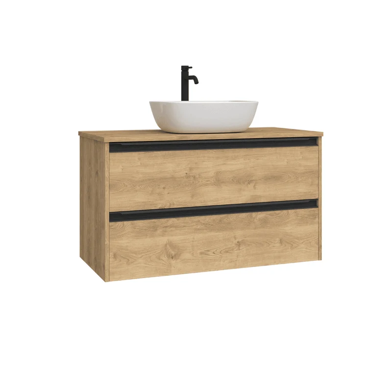 Mueble de Baño Suspendido con Lavabo Sobreponer Cerámico modelo Veloz|Mueble Volado 2 Cajones Con Tirador | Roble Natural