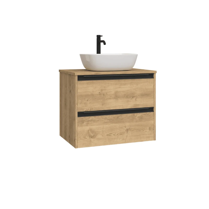 Mueble de Baño Suspendido con Lavabo Sobreponer Cerámico modelo Veloz|Mueble Volado 2 Cajones Con Tirador | Roble Natural
