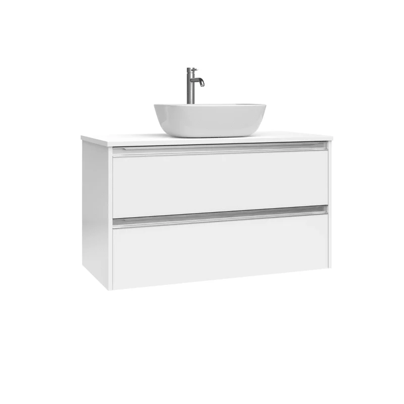 Mueble de Baño Suspendido con Lavabo Sobreponer Cerámico modelo Veloz|Mueble Volado 2 Cajones Con Tirador | Blanco Brillo