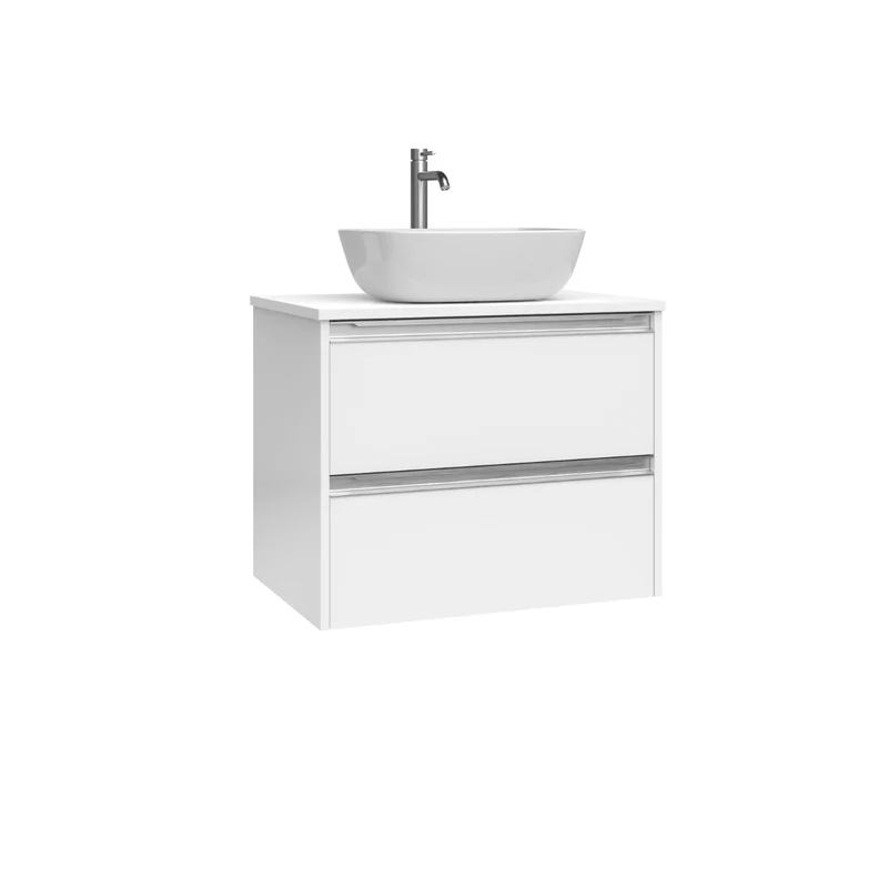 Mueble de Baño Suspendido con Lavabo Sobreponer Cerámico modelo Veloz|Mueble Volado 2 Cajones Con Tirador | Blanco Brillo
