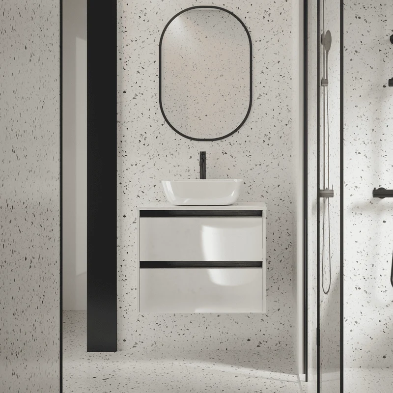 Mueble de Baño Suspendido con Lavabo Sobreponer Cerámico modelo Veloz|Mueble Volado 2 Cajones Con Tirador | Blanco Brillo