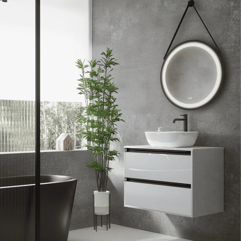 Mueble de Baño Suspendido con Lavabo Sobreponer Cerámico modelo Veloz|Mueble Volado 2 Cajones Con Tirador | Blanco Brillo