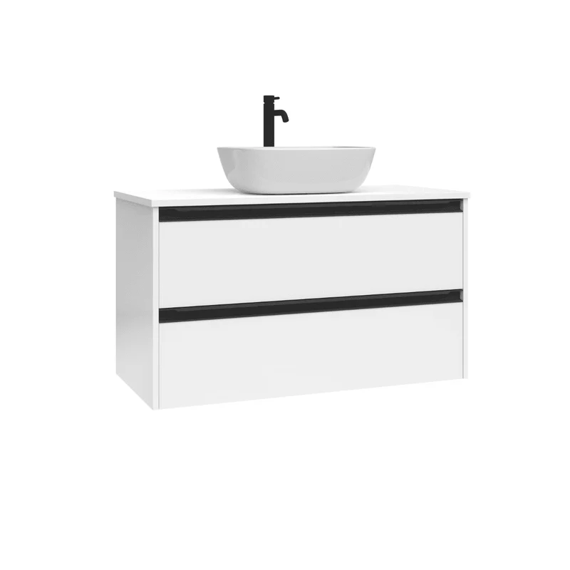 Mueble de Baño Suspendido con Lavabo Sobreponer Cerámico modelo Veloz|Mueble Volado 2 Cajones Con Tirador | Blanco Brillo