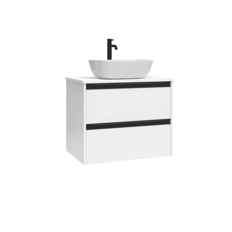Mueble de Baño Suspendido con Lavabo Sobreponer Cerámico modelo Veloz|Mueble Volado 2 Cajones Con Tirador | Blanco Brillo