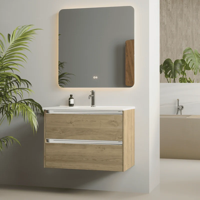 Mueble de Baño Suspendido Fondo Reducido con Lavabo Cerámico para Aseos modelo Veloz| Mueble Volado 2 Cajones Con Tirador | Roble Natural