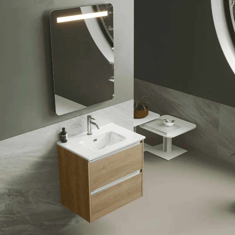 Mueble de Baño Suspendido Fondo Reducido con Lavabo Cerámico para Aseos modelo Veloz| Mueble Volado 2 Cajones Con Tirador | Roble Natural