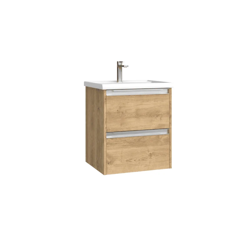 Mueble de Baño Suspendido Fondo Reducido con Lavabo Cerámico para Aseos modelo Veloz| Mueble Volado 2 Cajones Con Tirador | Roble Natural