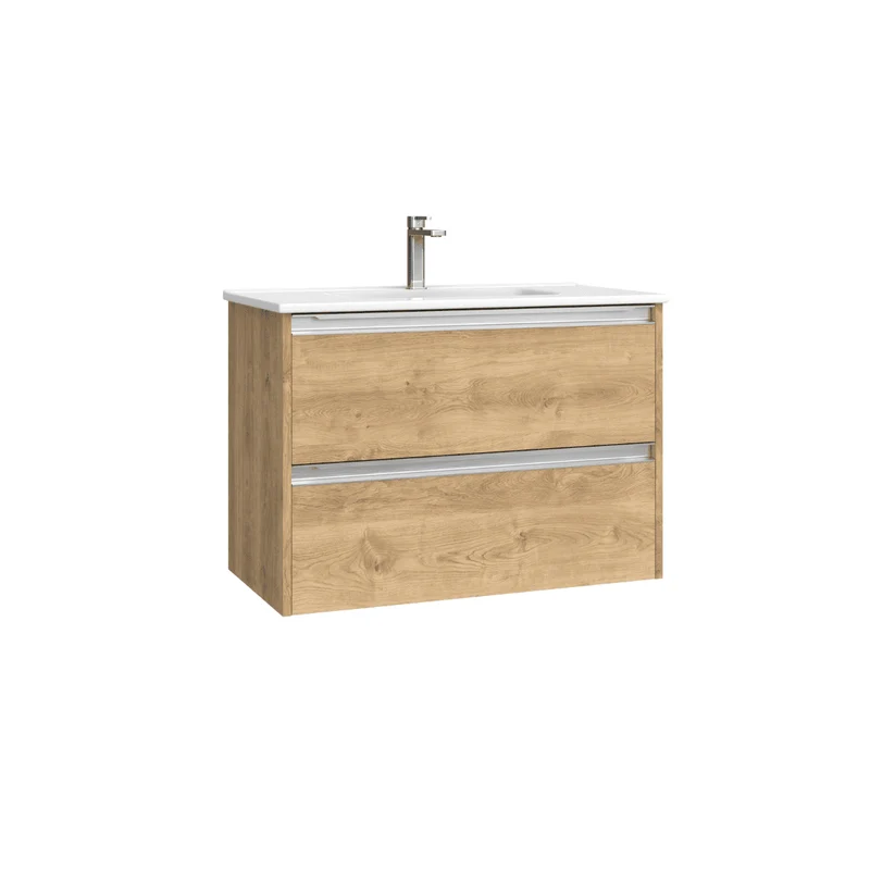 Mueble de Baño Suspendido Fondo Reducido con Lavabo Cerámico para Aseos modelo Veloz| Mueble Volado 2 Cajones Con Tirador | Roble Natural