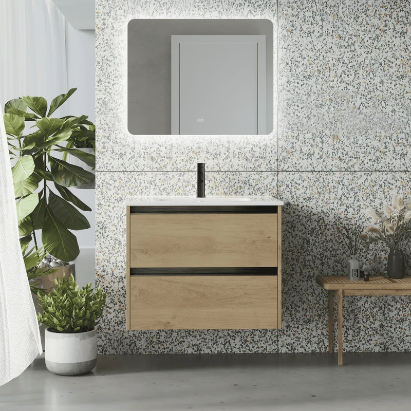 Mueble de Baño Suspendido Fondo Reducido con Lavabo Cerámico para Aseos modelo Veloz| Mueble Volado 2 Cajones Con Tirador | Roble Natural