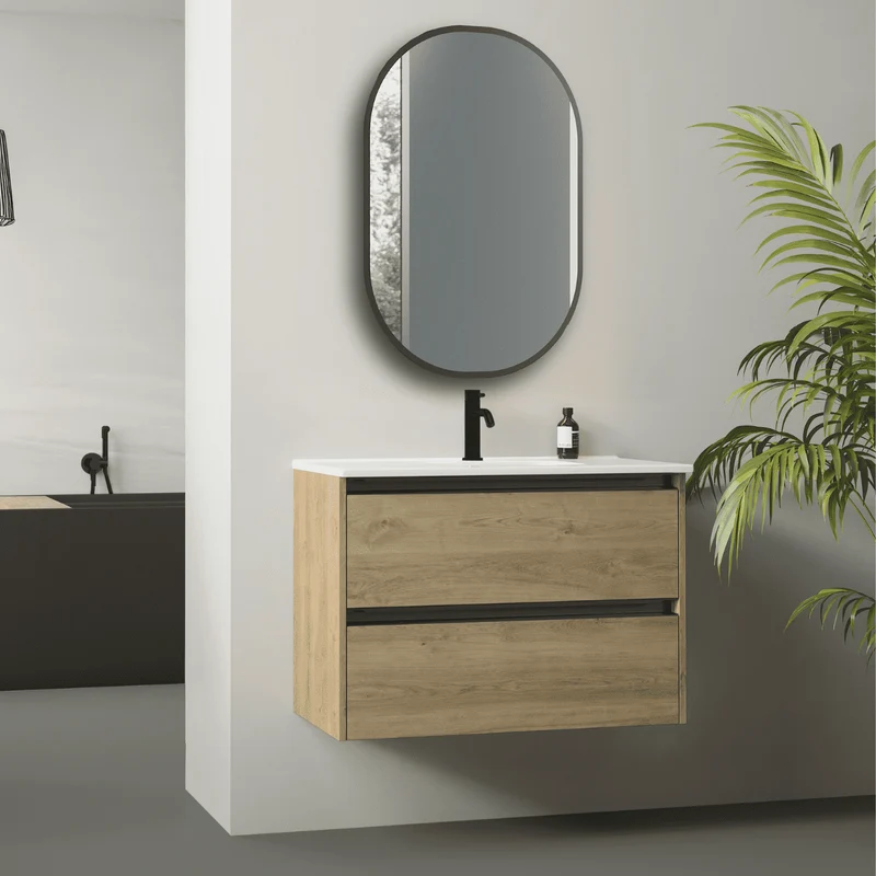 Mueble de Baño Suspendido Fondo Reducido con Lavabo Cerámico para Aseos modelo Veloz| Mueble Volado 2 Cajones Con Tirador | Roble Natural