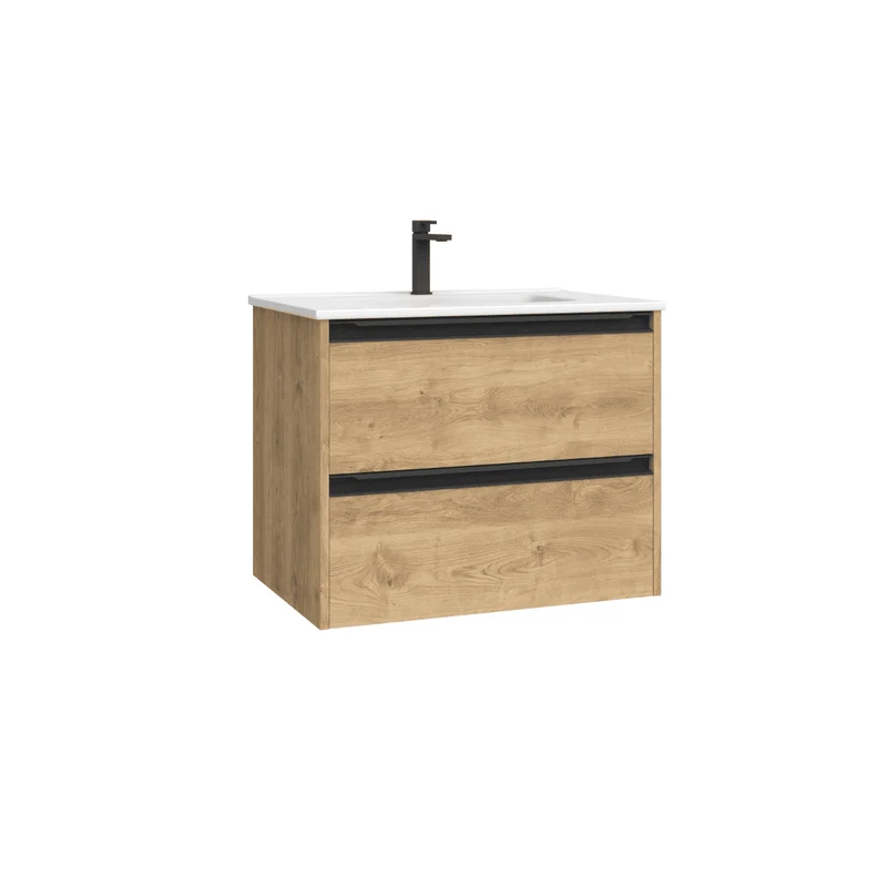 Mueble de Baño Suspendido Fondo Reducido con Lavabo Cerámico para Aseos modelo Veloz| Mueble Volado 2 Cajones Con Tirador | Roble Natural