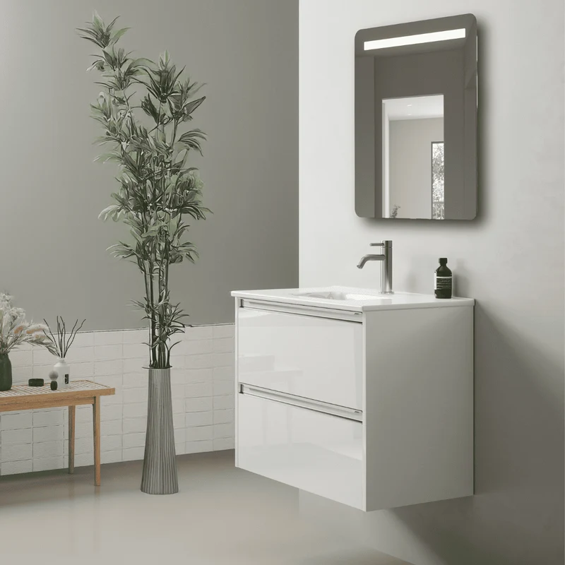 Mueble de Baño Suspendido Fondo Reducido con Lavabo Cerámico para Aseos modelo Veloz| Mueble Volado 2 Cajones Con Tirador | Blanco Brillo