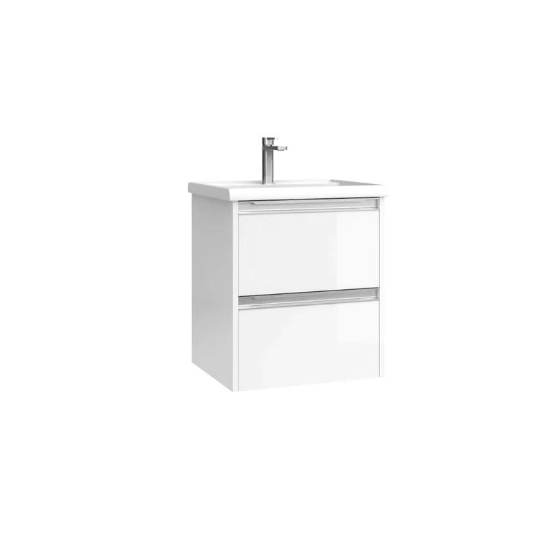 Mueble de Baño Suspendido Fondo Reducido con Lavabo Cerámico para Aseos modelo Veloz| Mueble Volado 2 Cajones Con Tirador | Blanco Brillo