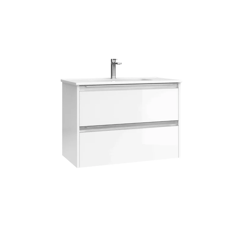 Mueble de Baño Suspendido Fondo Reducido con Lavabo Cerámico para Aseos modelo Veloz| Mueble Volado 2 Cajones Con Tirador | Blanco Brillo