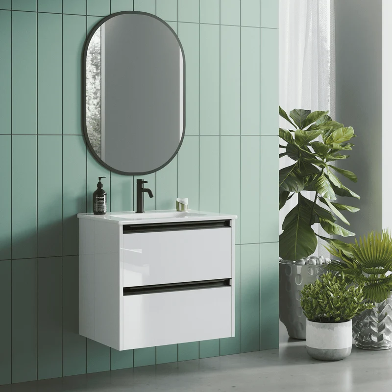 Mueble de Baño Suspendido Fondo Reducido con Lavabo Cerámico para Aseos modelo Veloz| Mueble Volado 2 Cajones Con Tirador | Blanco Brillo