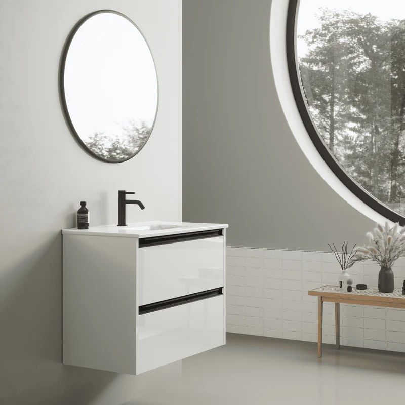 Mueble de Baño Suspendido Fondo Reducido con Lavabo Cerámico para Aseos modelo Veloz| Mueble Volado 2 Cajones Con Tirador | Blanco Brillo