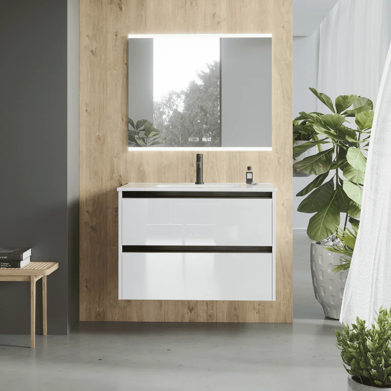 Mueble de Baño Suspendido Fondo Reducido con Lavabo Cerámico para Aseos modelo Veloz| Mueble Volado 2 Cajones Con Tirador | Blanco Brillo