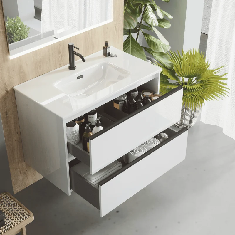 Mueble de Baño Suspendido Fondo Reducido con Lavabo Cerámico para Aseos modelo Veloz| Mueble Volado 2 Cajones Con Tirador | Blanco Brillo