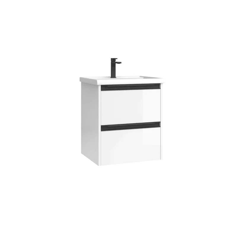 Mueble de Baño Suspendido Fondo Reducido con Lavabo Cerámico para Aseos modelo Veloz| Mueble Volado 2 Cajones Con Tirador | Blanco Brillo