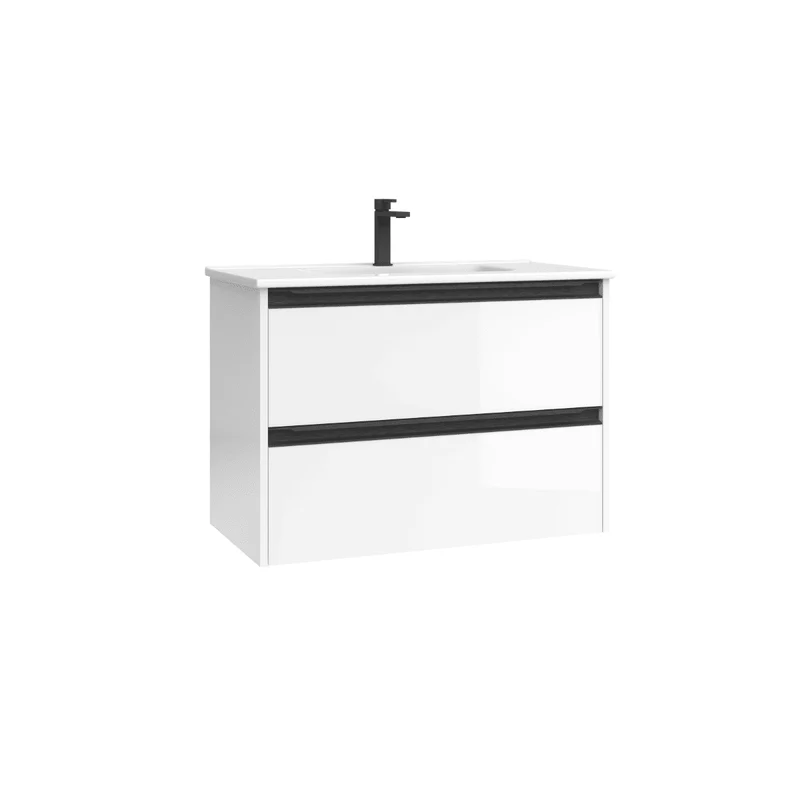 Mueble de Baño Suspendido Fondo Reducido con Lavabo Cerámico para Aseos modelo Veloz| Mueble Volado 2 Cajones Con Tirador | Blanco Brillo