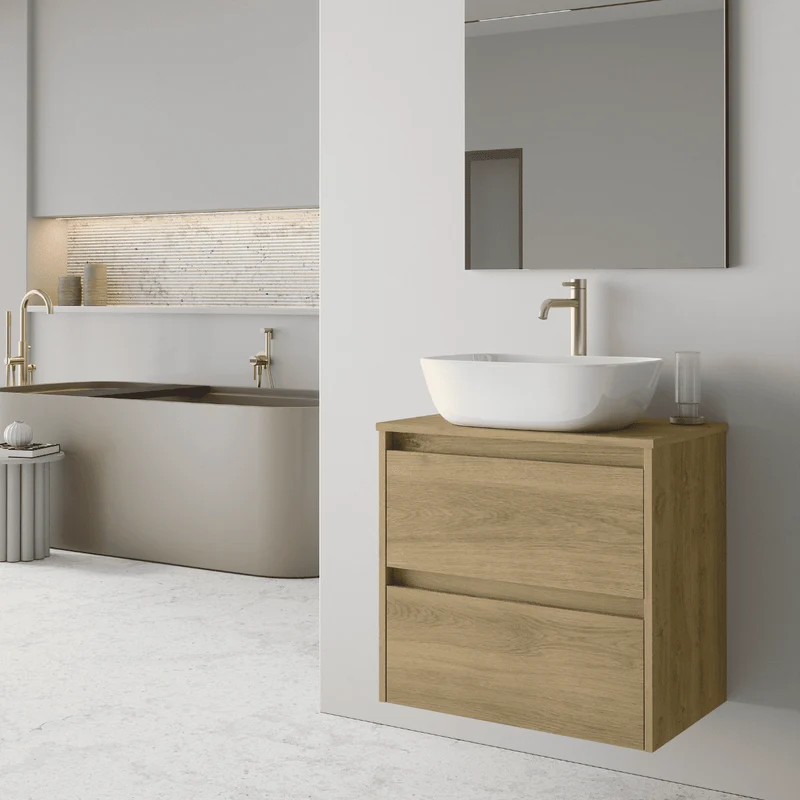 Mueble de Baño Suspendido Fondo Reducido con Lavabo Sobreponer Cerámico para Aseos modelo Veloz| Mueble Volado 2 Cajones | Roble Natural