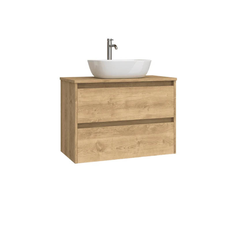 Mueble de Baño Suspendido Fondo Reducido con Lavabo Sobreponer Cerámico para Aseos modelo Veloz| Mueble Volado 2 Cajones | Roble Natural