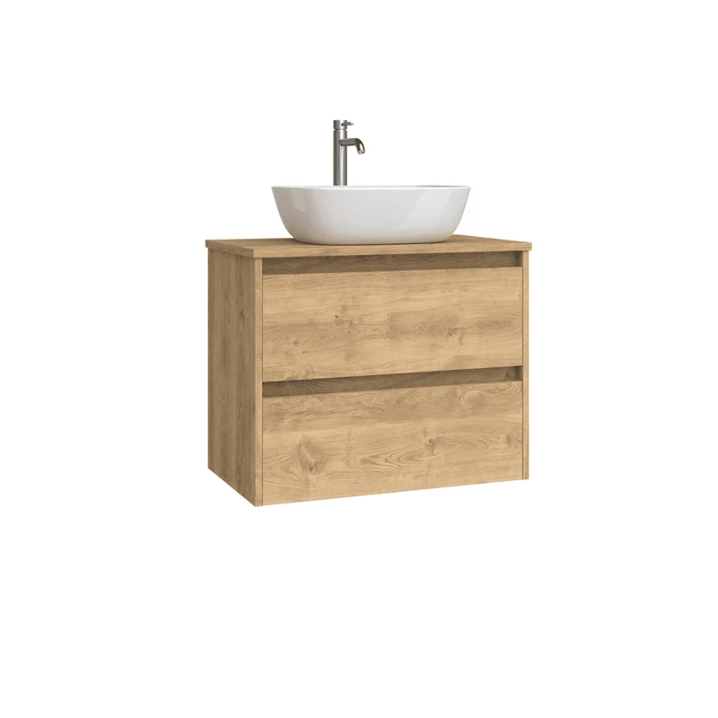 Mueble de Baño Suspendido Fondo Reducido con Lavabo Sobreponer Cerámico para Aseos modelo Veloz| Mueble Volado 2 Cajones | Roble Natural