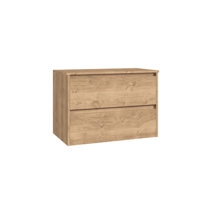 Mueble de Baño Suspendido Fondo Reducido con Lavabo Sobreponer Cerámico para Aseos modelo Veloz| Mueble Volado 2 Cajones | Roble Natural