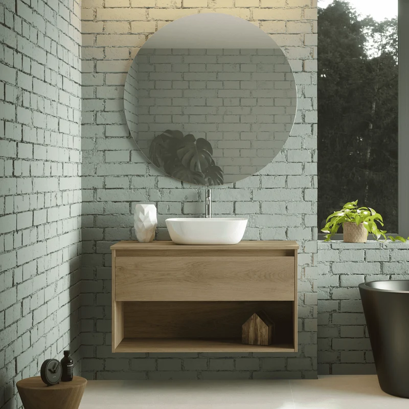 Mueble de Baño Suspendido con Lavabo Sobreponer Cerámico modelo Veloz| Mueble Volado 1 Cajón y 1 Hueco | Roble Natural