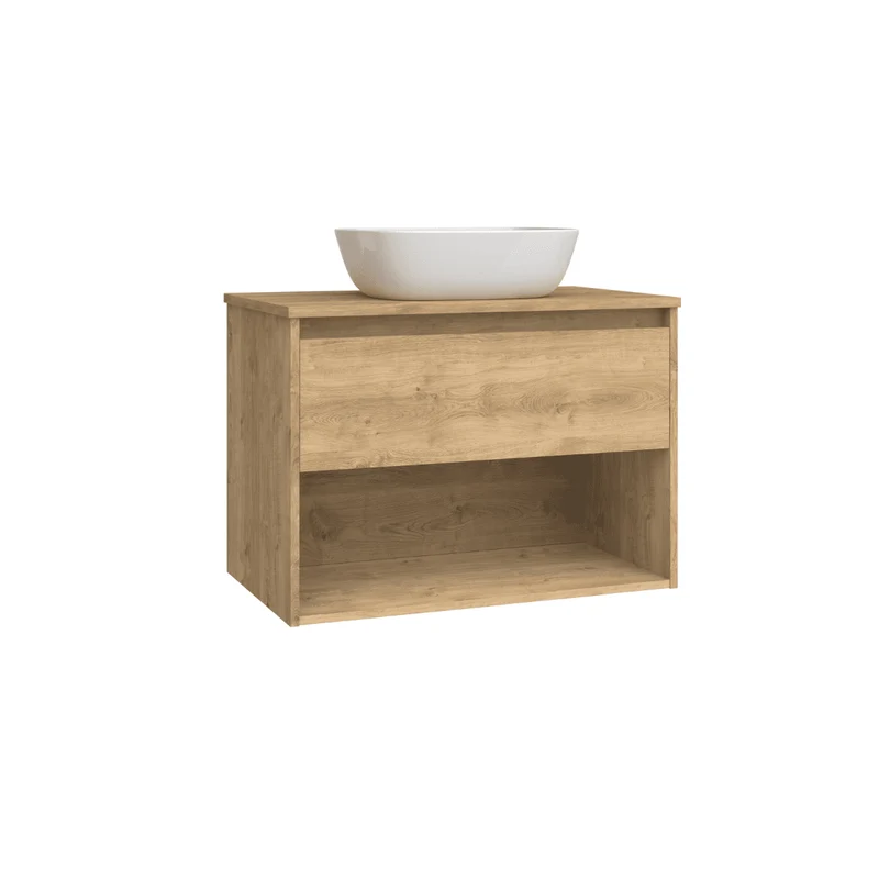 Mueble de Baño Suspendido con Lavabo Sobreponer Cerámico modelo Veloz| Mueble Volado 1 Cajón y 1 Hueco | Roble Natural