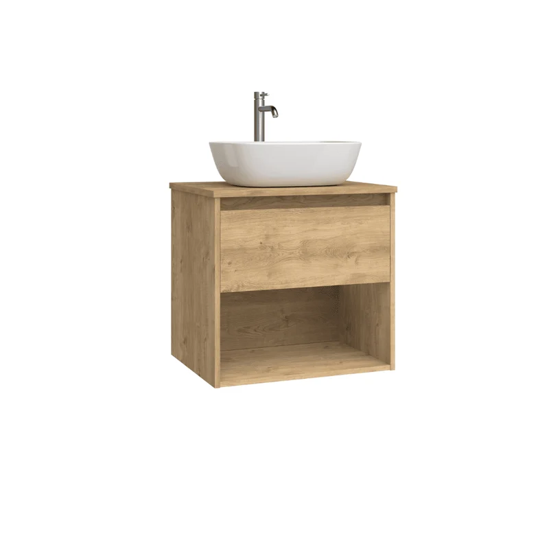 Mueble de Baño Suspendido con Lavabo Sobreponer Cerámico modelo Veloz| Mueble Volado 1 Cajón y 1 Hueco | Roble Natural