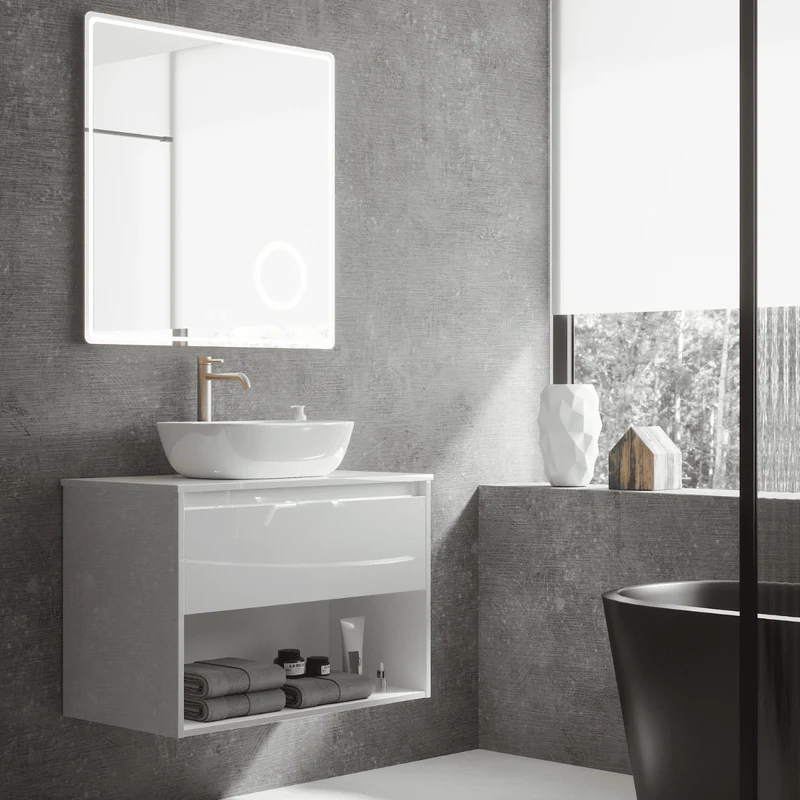 Mueble de Baño Suspendido con Lavabo Sobreponer Cerámico modelo Veloz| Mueble Volado 1 Cajón y 1 Hueco | Blanco Brillo