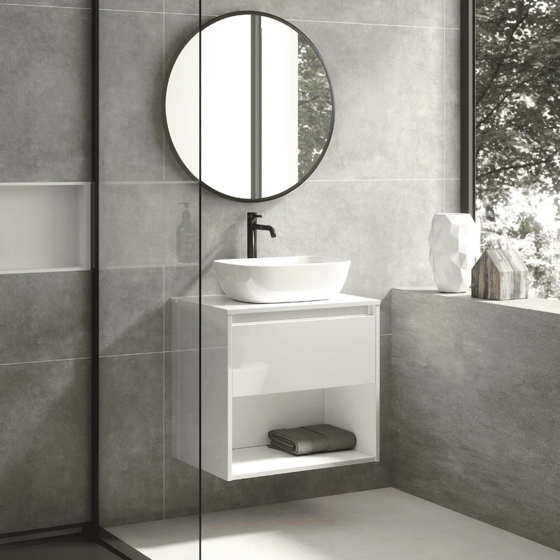 Mueble de Baño Suspendido con Lavabo Sobreponer Cerámico modelo Veloz| Mueble Volado 1 Cajón y 1 Hueco | Blanco Brillo