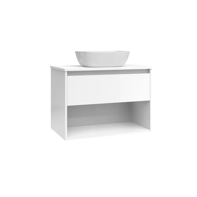 Mueble de Baño Suspendido con Lavabo Sobreponer Cerámico modelo Veloz| Mueble Volado 1 Cajón y 1 Hueco | Blanco Brillo