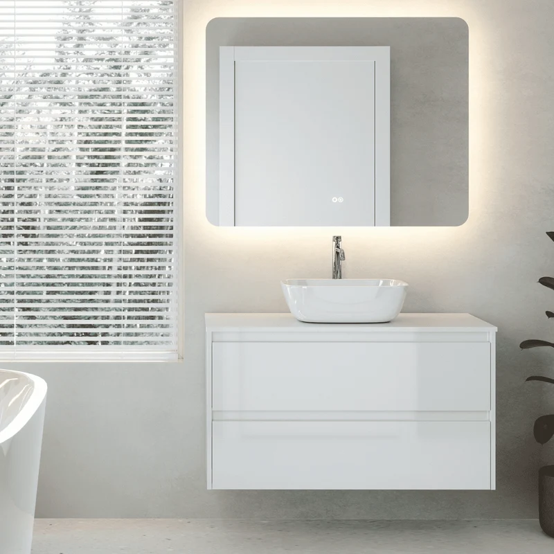 Mueble de Baño Suspendido con Lavabo Sobreponer Cerámico modelo Veloz| Mueble Volado 2 Cajones | Blanco Brillo
