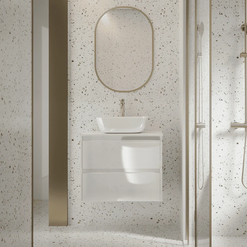 Mueble de Baño Suspendido con Lavabo Sobreponer Cerámico modelo Veloz| Mueble Volado 2 Cajones | Blanco Brillo