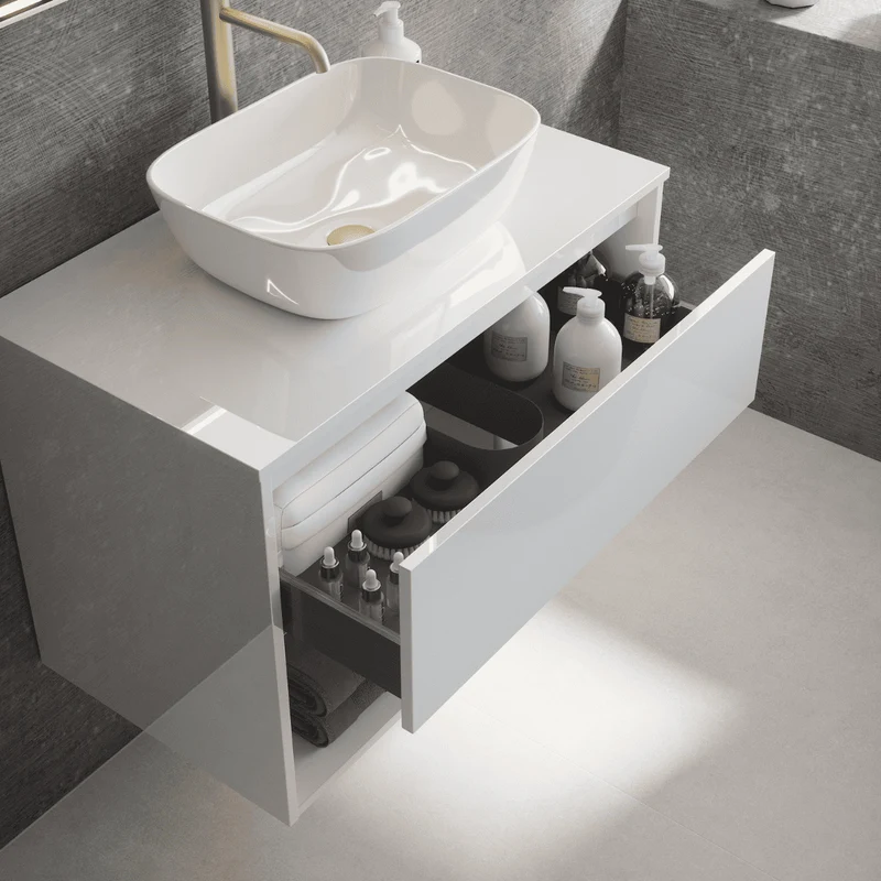 Mueble de Baño Suspendido con Lavabo Sobreponer Cerámico modelo Veloz| Mueble Volado 2 Cajones | Blanco Brillo