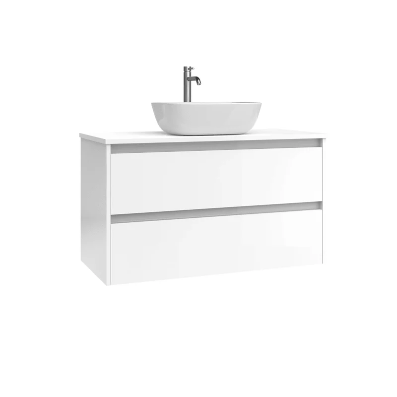 Mueble de Baño Suspendido con Lavabo Sobreponer Cerámico modelo Veloz| Mueble Volado 2 Cajones | Blanco Brillo