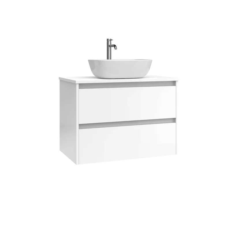 Mueble de Baño Suspendido con Lavabo Sobreponer Cerámico modelo Veloz| Mueble Volado 2 Cajones | Blanco Brillo