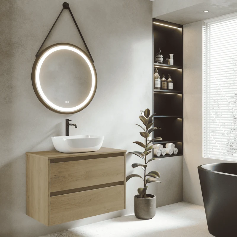 Mueble de Baño Suspendido con Lavabo Sobreponer Cerámico modelo Veloz| Mueble Volado 2 Cajones | Roble Natural
