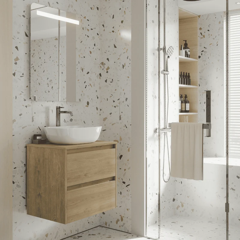 Mueble de Baño Suspendido con Lavabo Sobreponer Cerámico modelo Veloz| Mueble Volado 2 Cajones | Roble Natural