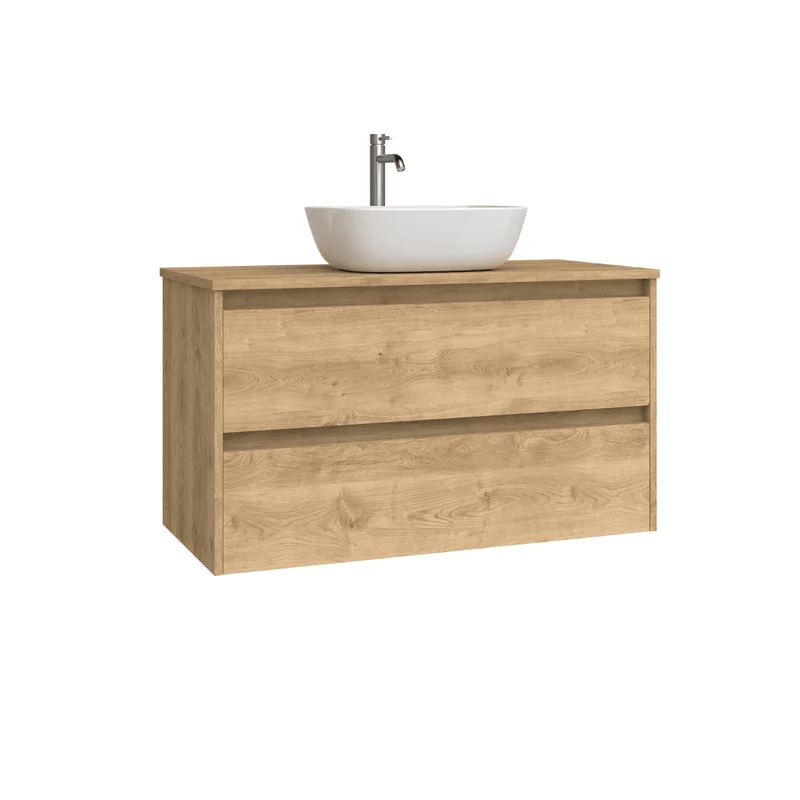 Mueble de Baño Suspendido con Lavabo Sobreponer Cerámico modelo Veloz| Mueble Volado 2 Cajones | Roble Natural