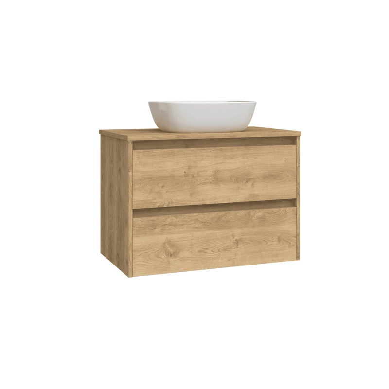 Mueble de Baño Suspendido con Lavabo Sobreponer Cerámico modelo Veloz| Mueble Volado 2 Cajones | Roble Natural