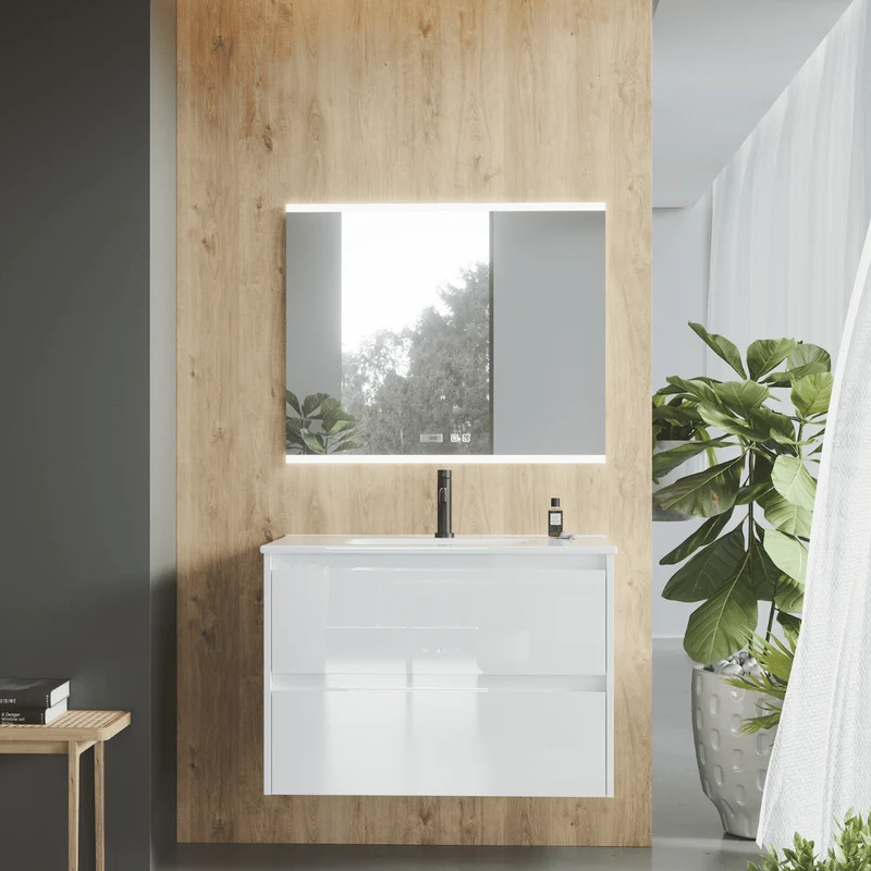 Mueble de Baño Suspendido Fondo Reducido con Lavabo Cerámico modelo Veloz| Mueble Volado 2 Cajones | Blanco Brillo