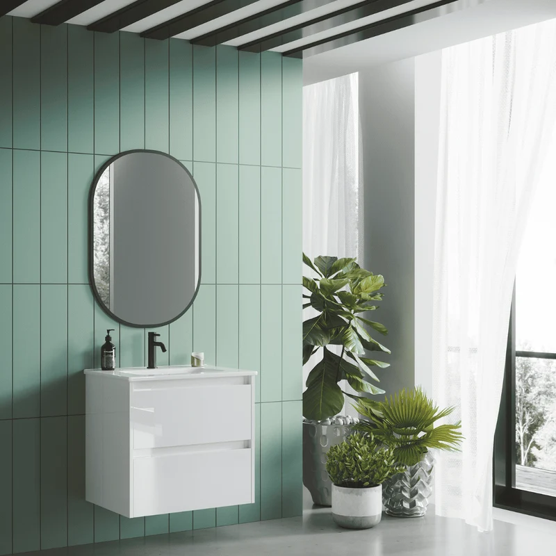 Mueble de Baño Suspendido Fondo Reducido con Lavabo Cerámico modelo Veloz| Mueble Volado 2 Cajones | Blanco Brillo