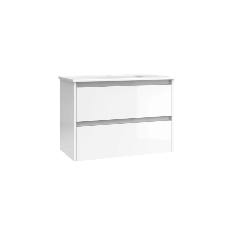 Mueble de Baño Suspendido Fondo Reducido con Lavabo Cerámico modelo Veloz| Mueble Volado 2 Cajones | Blanco Brillo