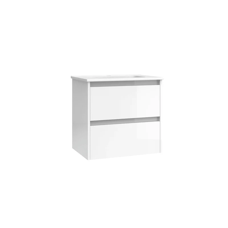 Mueble de Baño Suspendido Fondo Reducido con Lavabo Cerámico modelo Veloz| Mueble Volado 2 Cajones | Blanco Brillo