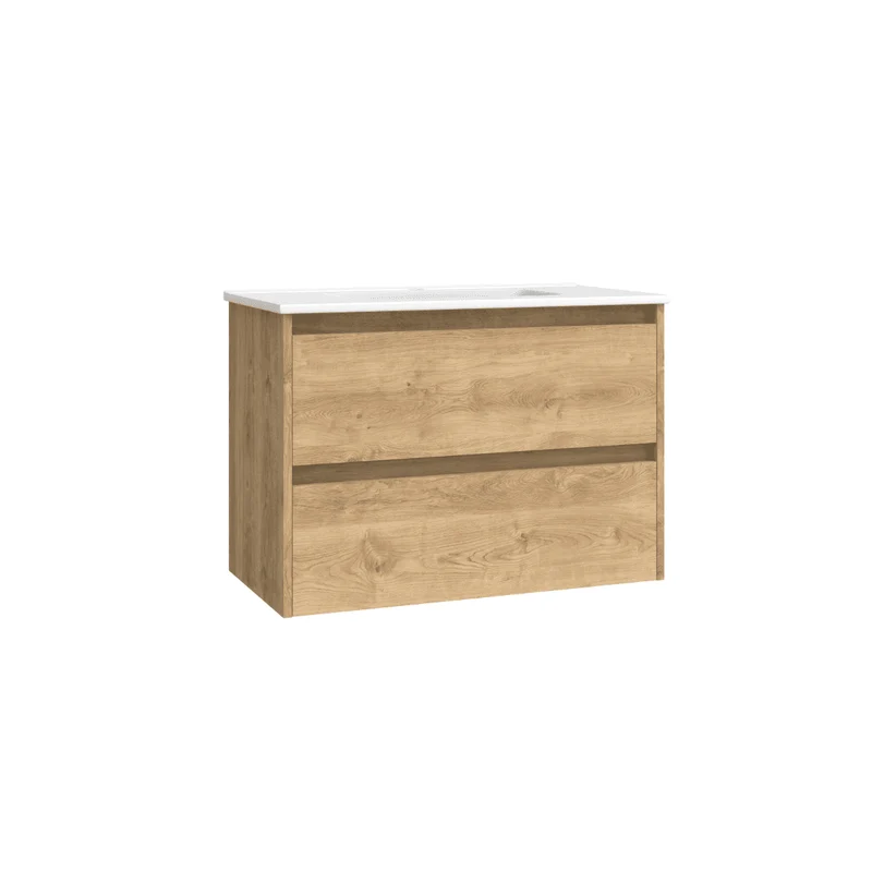 Mueble de Baño Suspendido Fondo Reducido con Lavabo Cerámico modelo Veloz| Mueble Volado 2 Cajones | Roble Natural