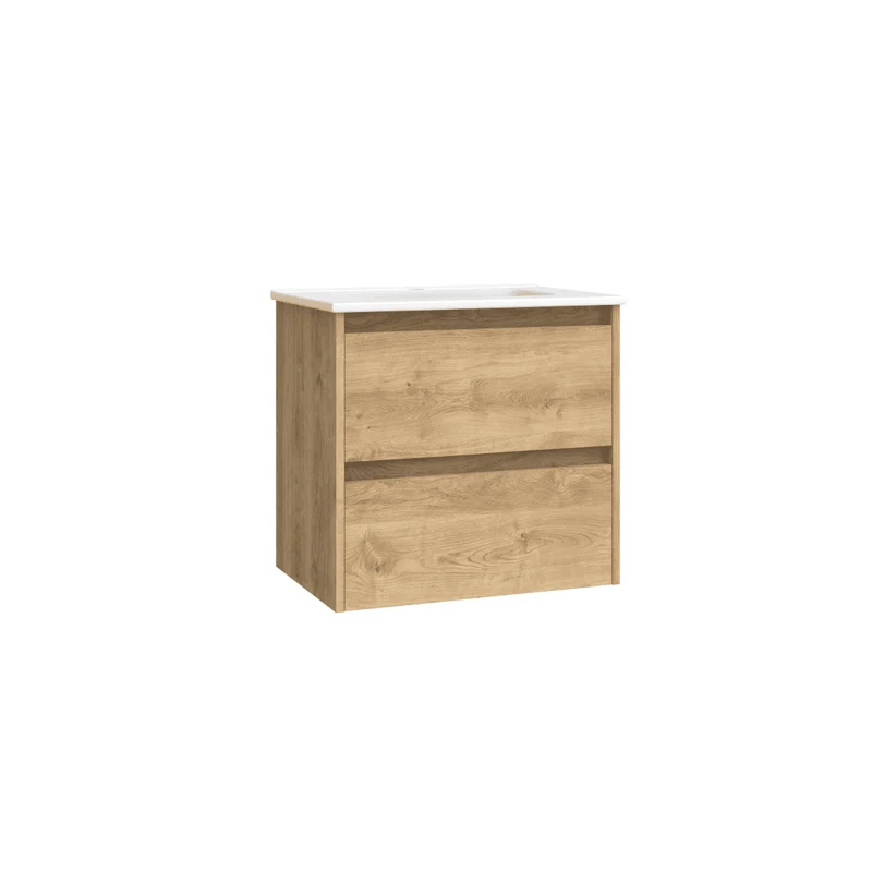 Mueble de Baño Suspendido Fondo Reducido con Lavabo Cerámico modelo Veloz| Mueble Volado 2 Cajones | Roble Natural